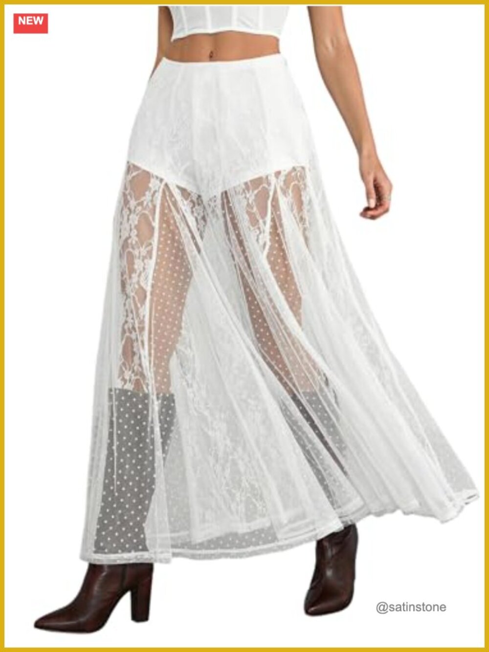 Women's Lace Maxi Skirt Sheer Ruffle Flowy High Waisted